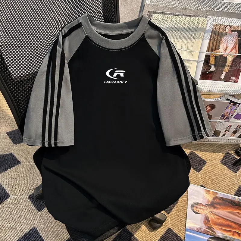 Áo ngắn Tay In Chữ Tạo Không Khí Cổ Điển Mỹ Áo Thun Ba Sọc Hợp Xu hướng Unisex, Áo Sơ Mi Cơ Sở, Thích Hợp Cho Mùa Hè, Năm 2025