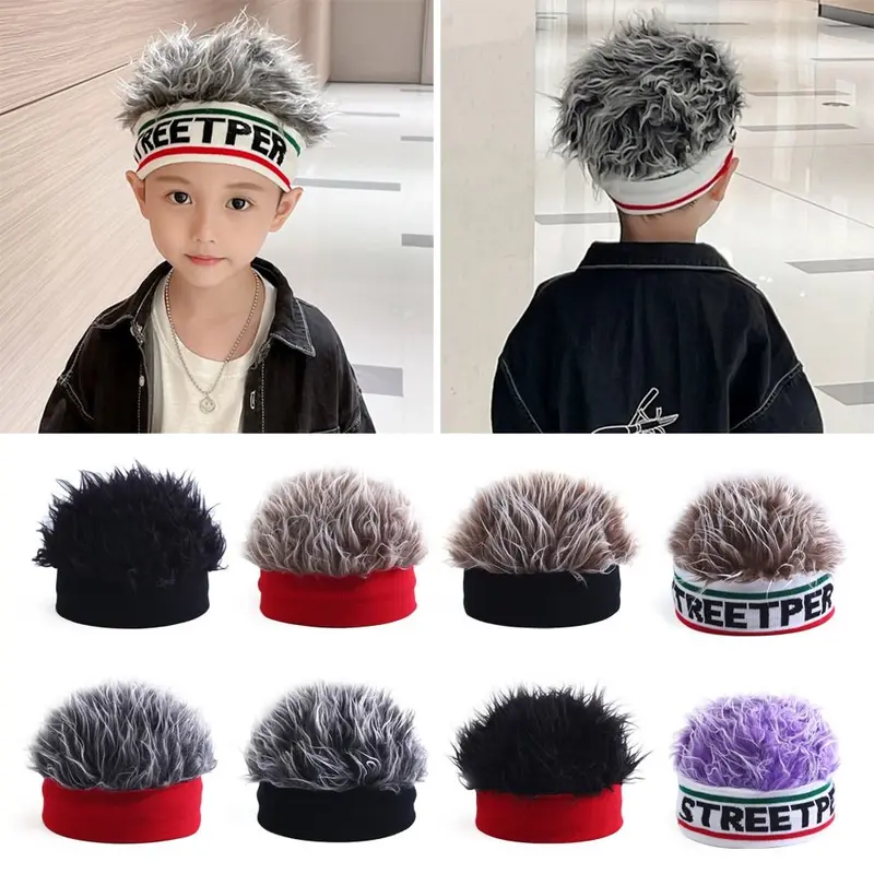Mũ Tóc Giả Trẻ Em, Thời Trang, Vui Nhộn, Mũ Len Co Giãn Dệt Kim, Phong Cách Cá Tính, Tóc Ngầu Tích Hợp, Thích Hợp Cho Trẻ Em 0