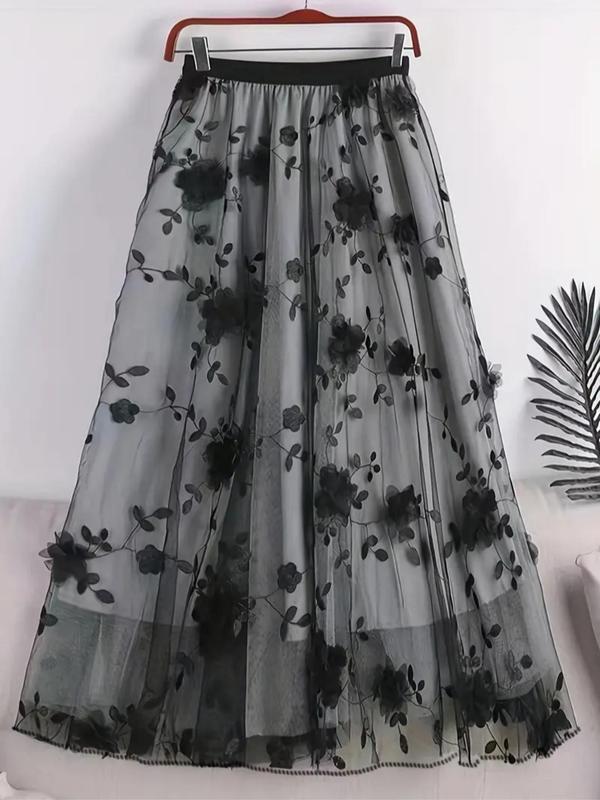 Women's Flower Appliques High Waist Tulle Skirt, Elegant A-Line Midi Skirt For Party Holiday Vacation, Ladies All Seasons Clothes, Womenswear 8