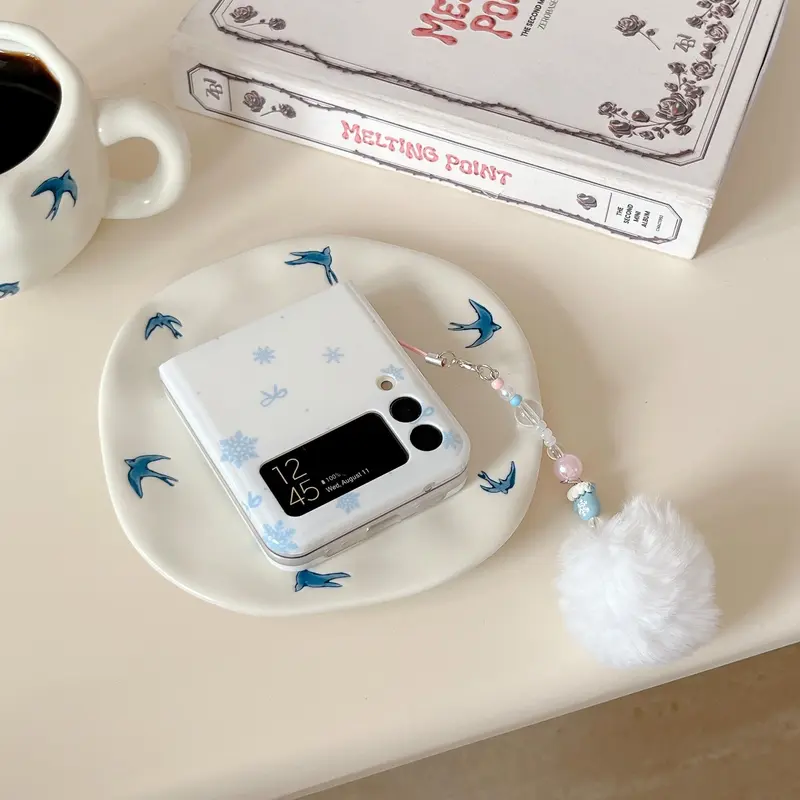 Snowflake Pattern Phone Case with Fluffy Ball Chain, 1 Count Fashion Phone Protective Cover, Phone Accessories Compatible with Samsung Galaxy Z Flip 6 5 4 3 5