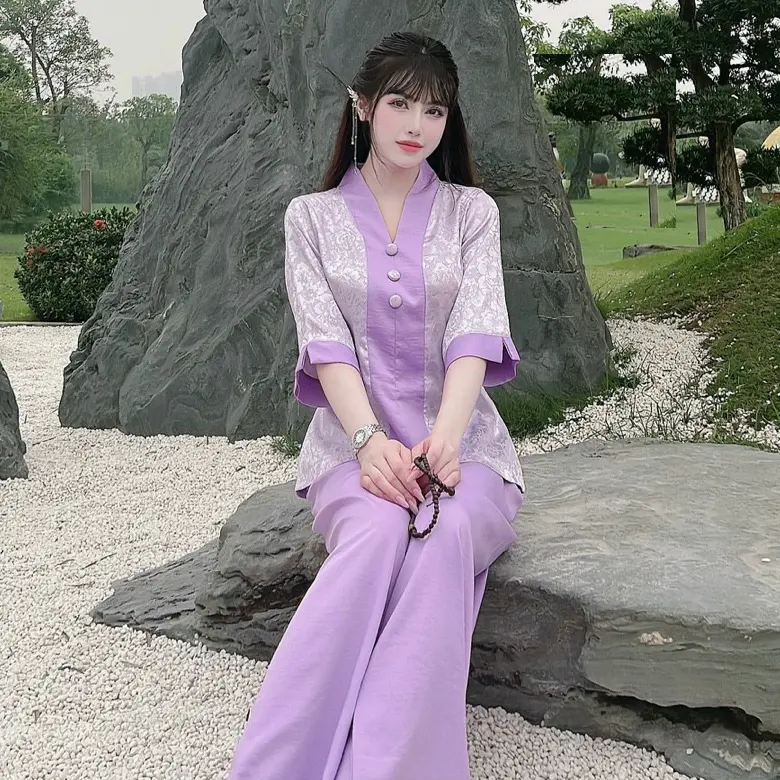 Quần Áo nữ Phật Tử, Đồ Lam Đi Chùa Nữ mẫu gấm bà lai mã HPA41LH