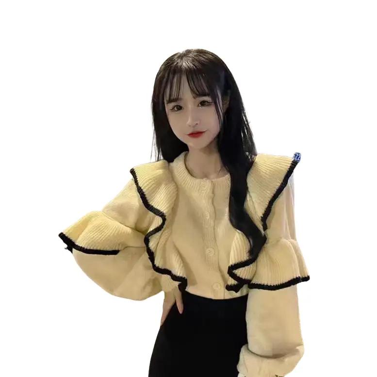 Áo Len Dệt Kim, Cùng Ph  ong Cách Với Người Nổi Tiếng Trên Internet Kuaishou, Tay Áo Đèn Lồng Xếp Nhún Cổ Tròn, Dáng Rộng Vừa Vặn, Váy Đuôi Cá Bó Dài Trung Bình Dành Cho Nữ Women Top Voi