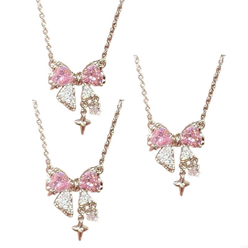 Product Introduction of Explosive Network Red Pink Bright Bow Necklace Ins Students Sweet Cool Girl Clavicle Chain with Light Luxury Senior Sense of Summer 7