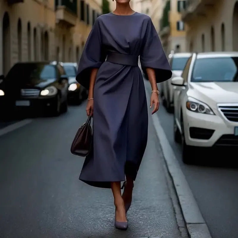 2025 Spring Summer Women's Fashion European and American Cross-border Elegant Solid Color Waist-cinching Dress Casual Batwing Sleeve Long Dress Modesty Formal Green 2