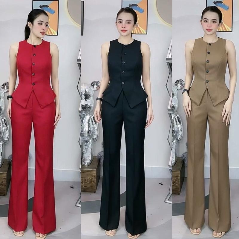 T315- Set thiết kế áo sát nách cổ tròn quần cạp cao ống loe Mộc She Nữ Top