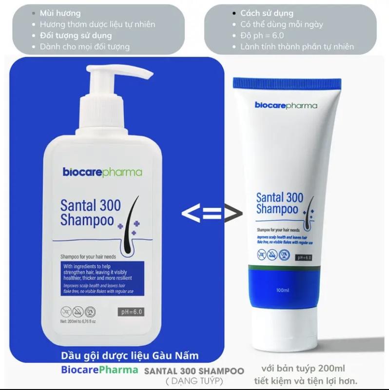 Tuýt Dầu Gội 200ml BiocarePharma Santal 300 Shampoo - Hỗ Trợ Giảm Gàu & Nấm Ngứa Da Đầu Dưỡng Tóc Suôn Mượt & Chắc Khỏe Tiện Lợi Tiết Kiệm