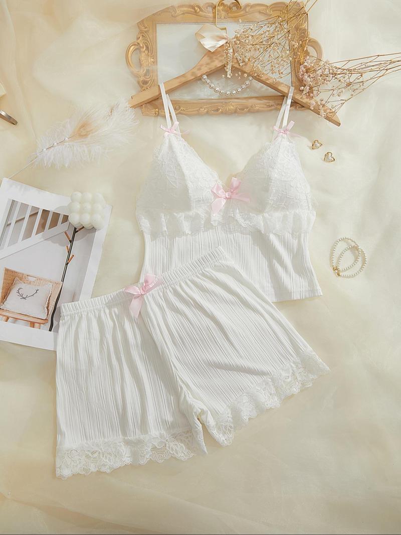 Product Introduction of Women's Plain Bow Decor Crop Cami Top & Lace Trim Shorts Pyjama Set, Casual Comfy Spaghetti Strap Camisole & Elastic Waist Shorts PJ Set, Ladies Sleepwear for All Seasons 4