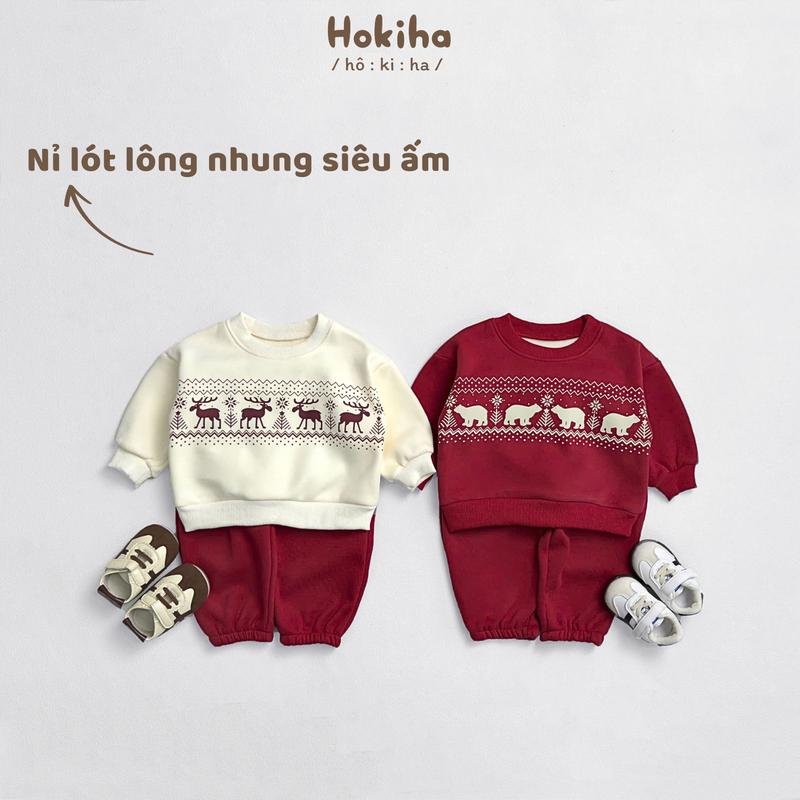 [Hokiha] TE738- Bộ quần áo cho bé trai bé gái in hình Noel đáng yêu chất nỉ lót lông nhung mềm mại, ấm áp size 8-17kg