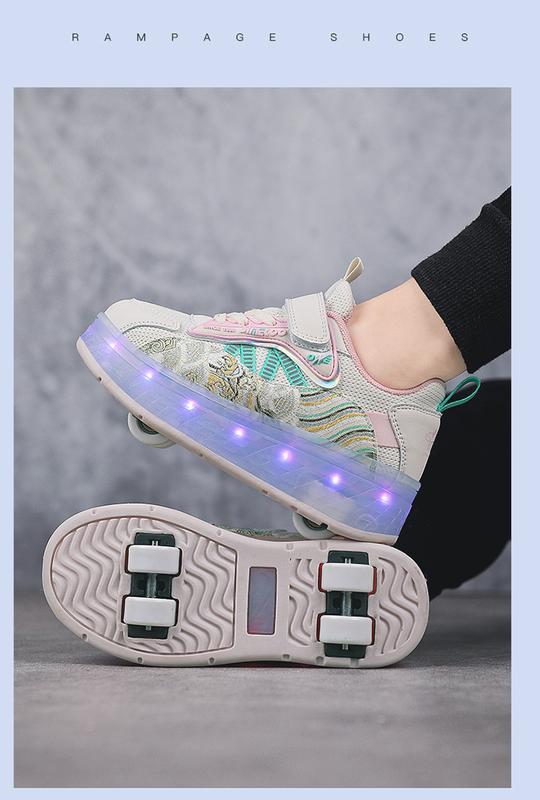 Product Introduction of Girls' Shoes 2024 New Children's Breathable Mesh Surface Sneaker Girls the Skating Shoes Medium and Big Children Boys Pulley with Lights Trendy Heelys 14