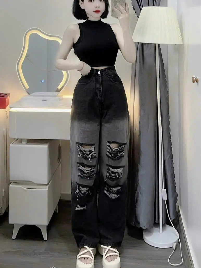 Quần jeans nữ dáng xuông 0617 màu khói rách nhiều cạp cao chất bò mềm dày dặn - Pants, Women