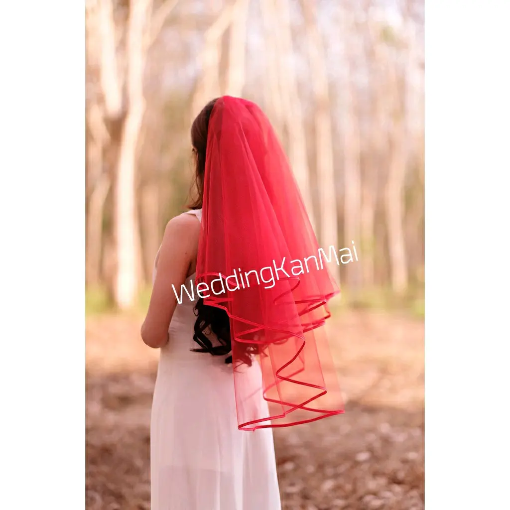 เวลเจ้าสาว สีแดง หวีสับ เย็บขอบริบบิ้น ผ้าคลุมเจ้าสาว พร้อมส่ง