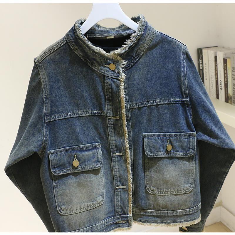 Product Introduction of Retro Fleece denim jacket for women's spring autumn new round neck versatile short casual coats Womenswear Tops 9