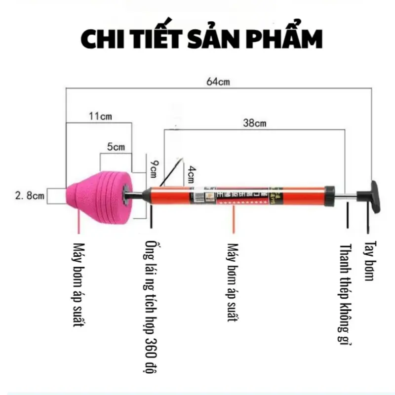 Dụng cụ thông tắc bồn cầu thông tắc cống thoát nước sàn trong gia đình bằng khí nén áp lực cao tiện dụng, Cây thông bồn 3