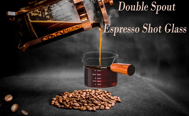 Product Introduction of 1/2pcs 100ML Double Spout Coffee Milk Glass Pot with Wood Handle Cute Measuring Frothing Pitcher Latte Cup for Barista Coffee Making 0