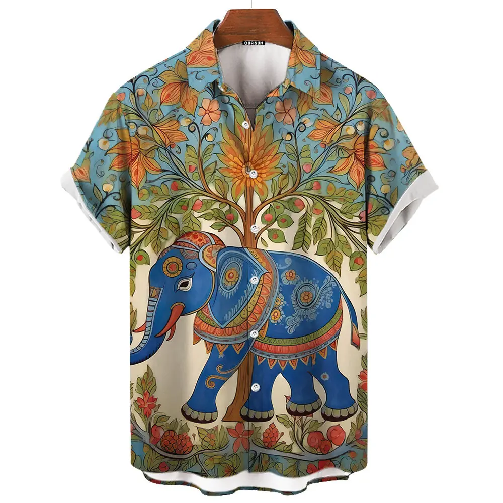 Kemeja Cetakan Gajah Thai Vintaj, Untuk Lelaki, Baju-T Musim Panas Kasual, Atasan Fesyen Bernafas, Sesuai untuk Pesta dan Krismas, Warna Merah kemeja  casual