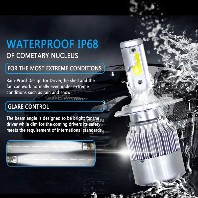Bóng đèn LED cho đèn pha ô tô, Bộ chuyển đổi tất cả trong một C6 h4 H7 9003 hi / low, 2 chiếc, Chip COB, 3800 LM, Bóng đèn chùm trắng mát 6000K, Chống thấm nước IP68, Thích hợp cho đèn pha ô tô 4