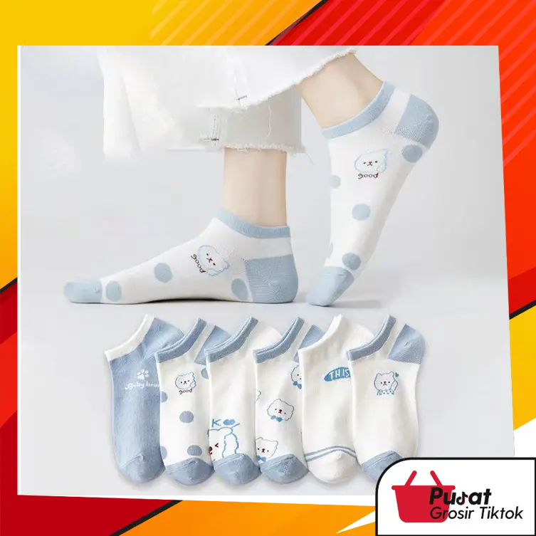 BISA COD K5703 Kaos Kaki Pendek Gaya Korea / Kaos Kaki Wanita Motif Beruang Biru Muda / Kaos Kaki Semata Kaki Beruang Biru Panjang Ankle Garis 0
