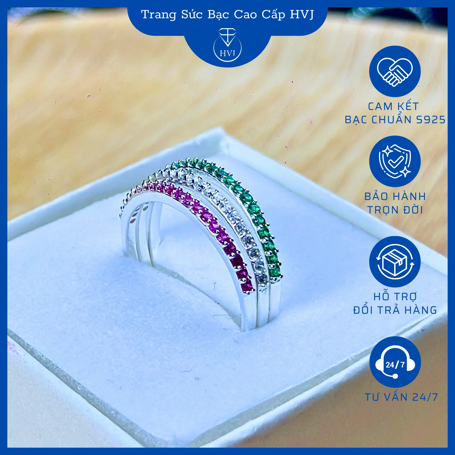 Nhẫn Bạc Nữ S925 Một Hàng Đá Màu Trắng Hồng Xanh Có Bản Xi Kim Không Cần Kiêng Nước | Có Xi Kim | Có Kèm Hộp Đựng | Trang Sức HVJ | NN003C014C015C016M00093