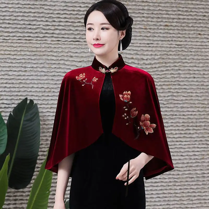 Áo khoác cao cấp nhung vàng, dành cho mẹ, thích hợp cho mùa thu và mùa đông, khăn choàng sườn xám quý phái, áo khoác, áo khoác ngắn, dành cho phụ nữ