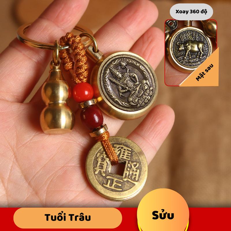 Móc khoá Đồng Thau hai mặt 12 con giáp 8 mặt Phật, tặng bình hồ lô, dây 5 Đồng xu, ( cát chu sa và bình hồ lô) Móc Chìa Khoá Móc Khóa Bản mệnh 12 con giáp Nam Nữ móc  khóa 4