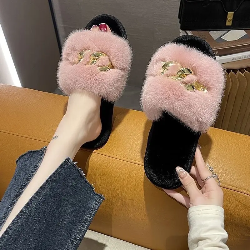 MDL04 Dép lông xù đế bằng quai xích kim loại thời trang 2023 DéP Slipper Nữ Cao Su Có Quai GiàY Shoes