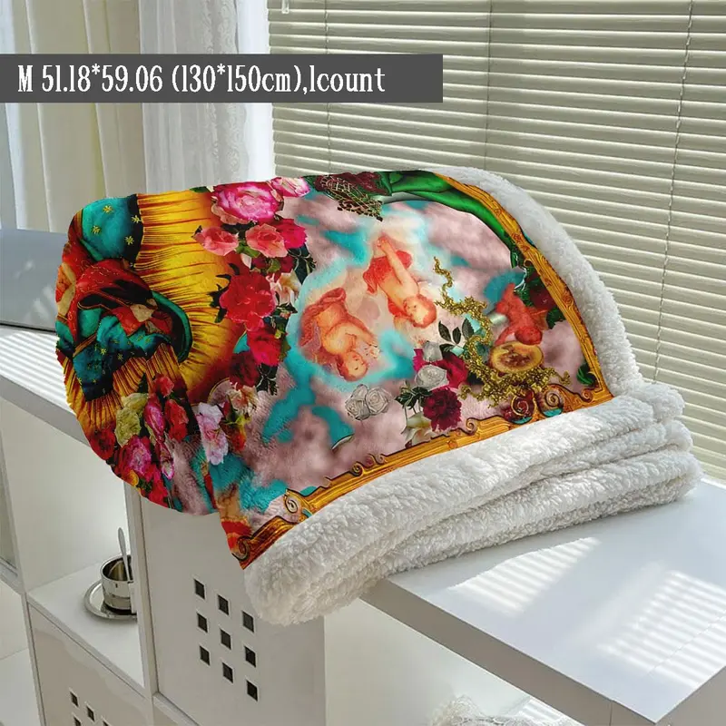 Floral & Virgin Mary Pattern Blanket, 1 Count Soft Warm Throw Blanket, Air-conditioned Room Blanket, Warm Nap Blanket for Home & Office 7