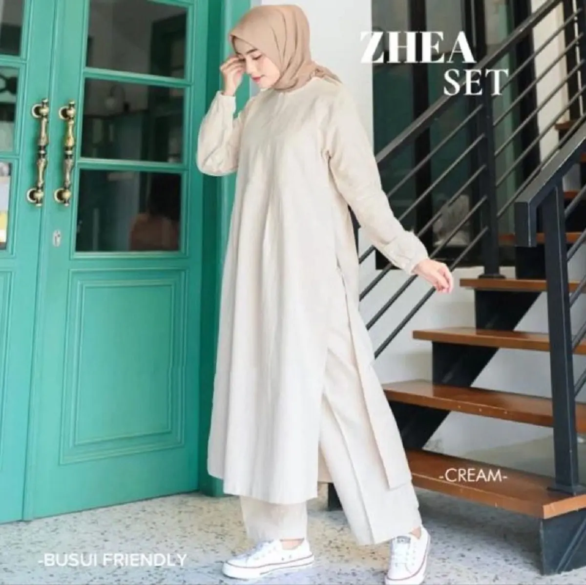 Zhea Set Setelan Kekinian Cewek Oneset Tunik + Celana Pakain Wanita Muslim Busui Polos Bahan Katun Linen Premium Atasan Baju Dewasa Panjang Crinkle