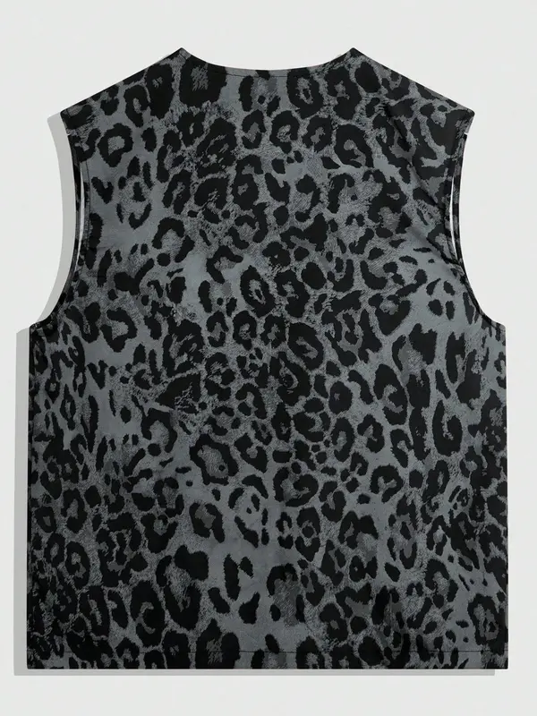 Men's Leopard Print Zip Up Vest Jacket, Regular Fit Casual Pocket Design Sleeveless Outerwear for Outdoor Hiking Camping, Fashion Men's Clothes for Summer, Menswear 1