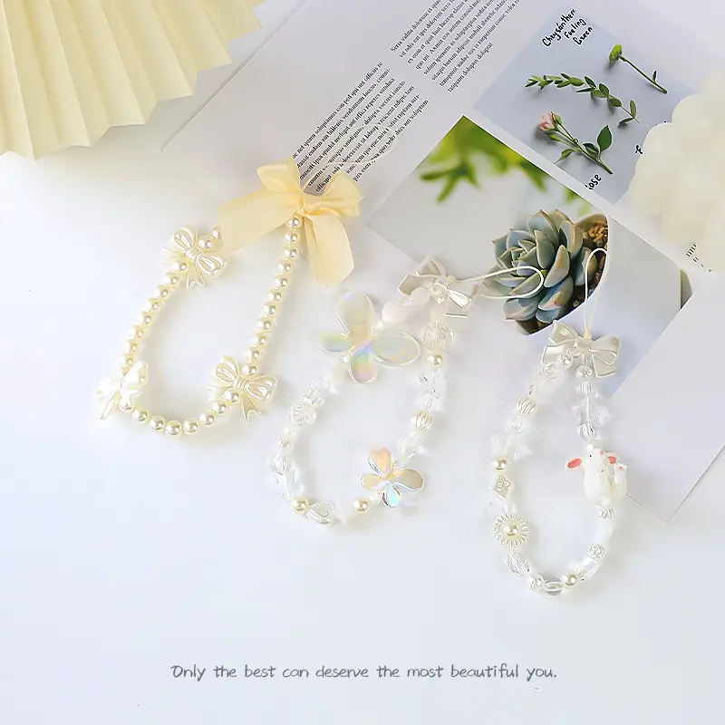 New mobile phone lanyard for women, creative round bead chain, colorful bow, phone case, lanyard accessories, bag accessories