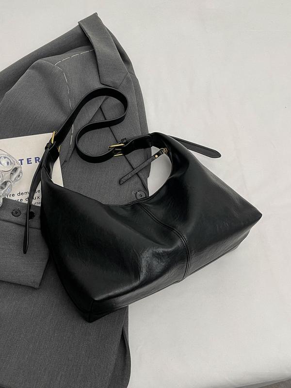 Women's Plain Color Large Capacity Shoulder Bag, Retro Fashion Soft Pu Leather Bucket Bag, Casual All-match Crossbody Bag for Work & Daily Used 4