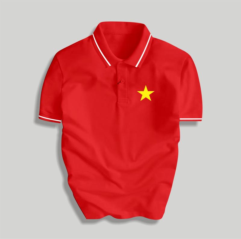 Áo Polo Nam Nữ Basic Màu Đỏ in Sao Vải Thoáng Mát Thanh Lịch Top Menswear Thun Có Cổ Tay Ngắn