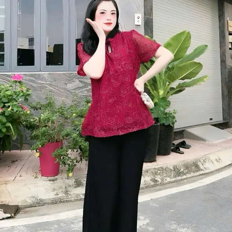 Set Đồ Nữ Bigsize Đón Tết Cách Tân Cổ Tàu Thêu Kim Tuyến Hoa Hồng, Đi Lễ Chùa Áo Hoa Nổi Chỉ 2 Lớp Kèm Quần Dài 50-95kg 2