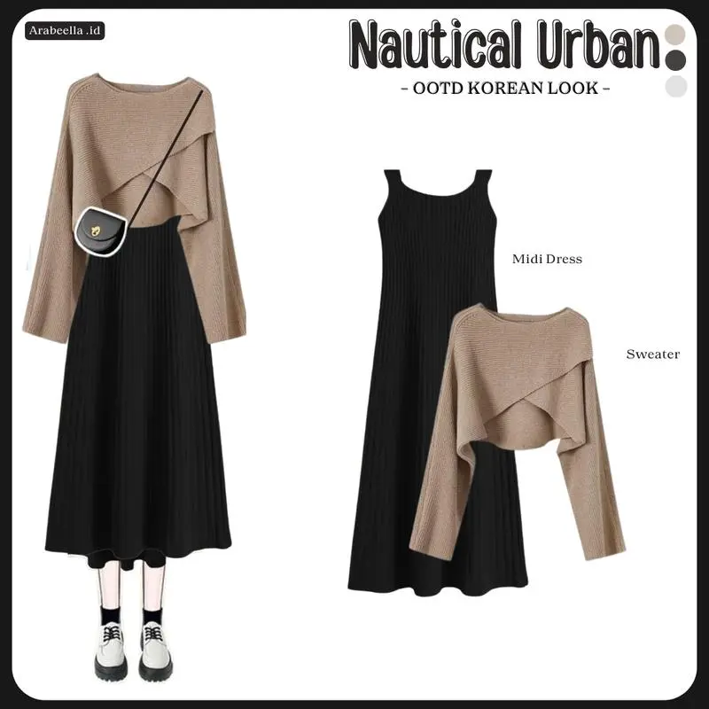 Chic Zone - Setelan Wanita Nautical / Midi Dress / Sweater Crop / Oneset Korean Look / Outfit Simple /OotdCasual