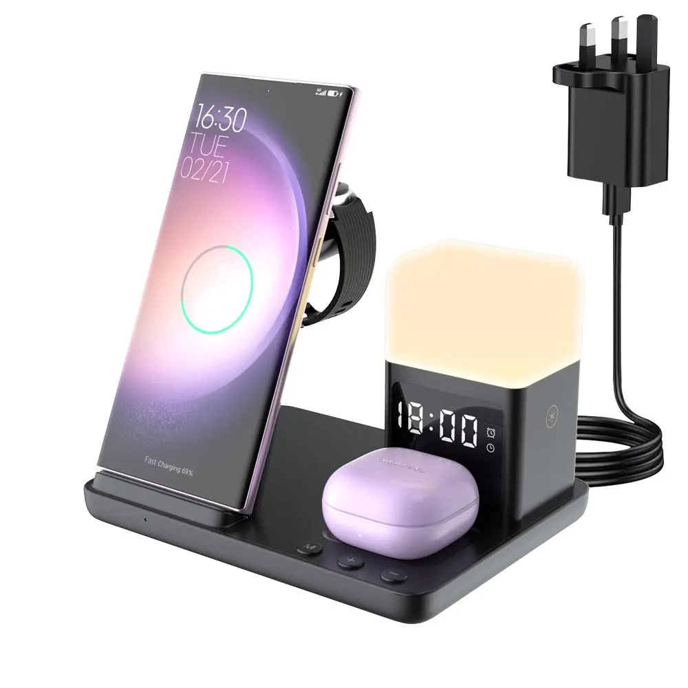 6-in-1 Wireless Charging Station, 1 Count 15W Fast Charger Stand with Clock & Night Light, Charging Station for Samsung Galaxy Watch & Buds, Smartphone