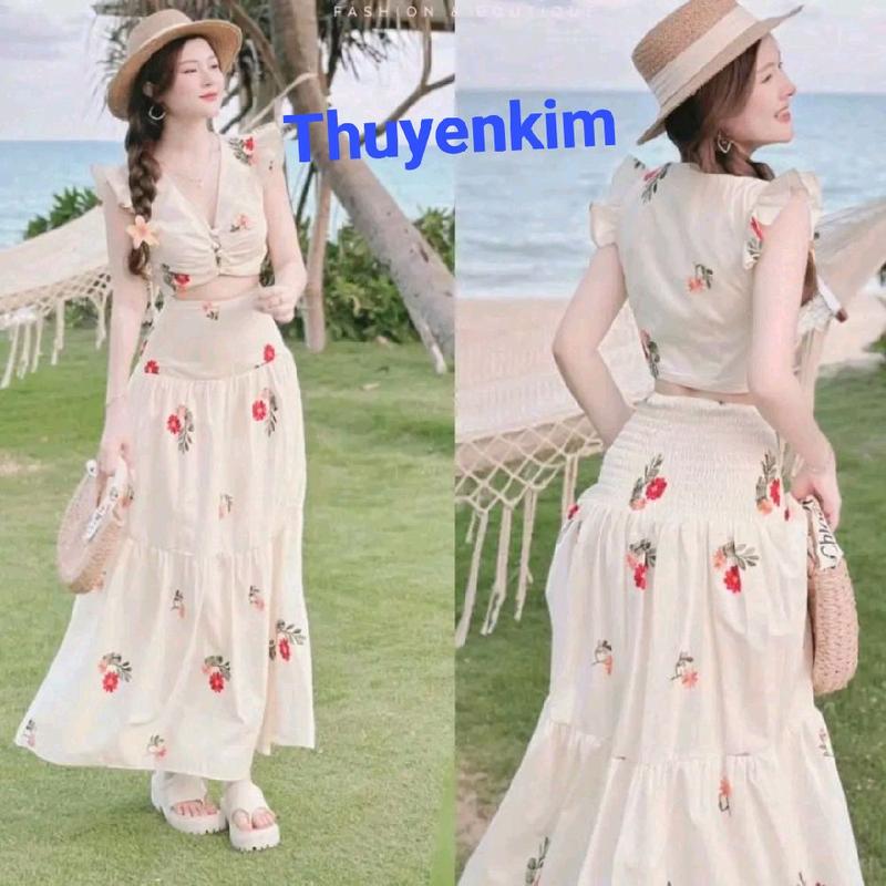 Sét váy lụa hoa thời trang nữ mặc đi chơi  biển, áo tay cánh tiên cổ V nút bọc chân váy dáng dài maxi xòe from rộng cho nàng Women
