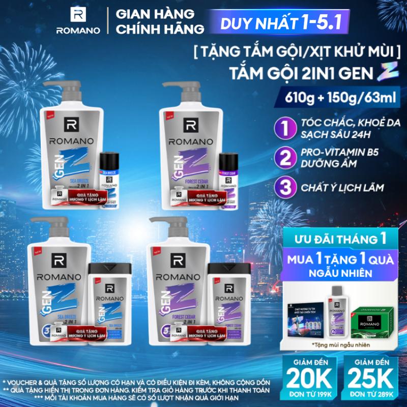   DUY NHẤT 1-5.1 Tắm Gội Dưỡng Da Body cho nam Romano 2 trong 1 Gen Z Hương Forest Cedar  Sea Breeze 610g + Tặng kèm Tắm gội 150G  ngẫu nhiên  