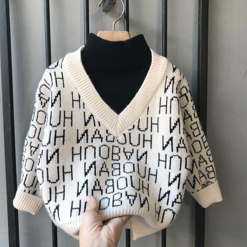 Quần Áo Bé Trai, Bộ Đồ Hai Mảnh Giả, Áo Sơ Mi Lớp Nền Cao Cổ Nửa, Hàng Mới Về Mùa Thu Và Mùa Đông, Áo Len Trẻ Em, Áo Len Dày 2