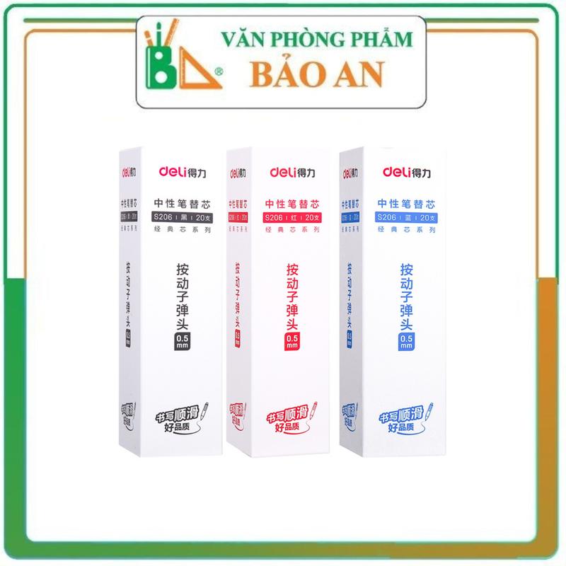 hộp 20 ruột bút Gel Deli S206 Ngòi 0.5mm Dùng thay cho bút A575, A057B-01 màu mực xanh đen đỏ