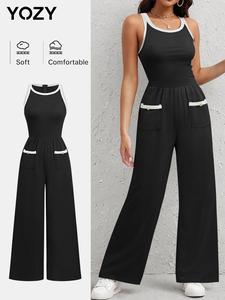YOZY Women's Contrast Binding Button Pocket Jumpsuit, Casual Sleeveless Zipper Jumpsuit for Daily Wear, Ladies Clothes for All Seasons