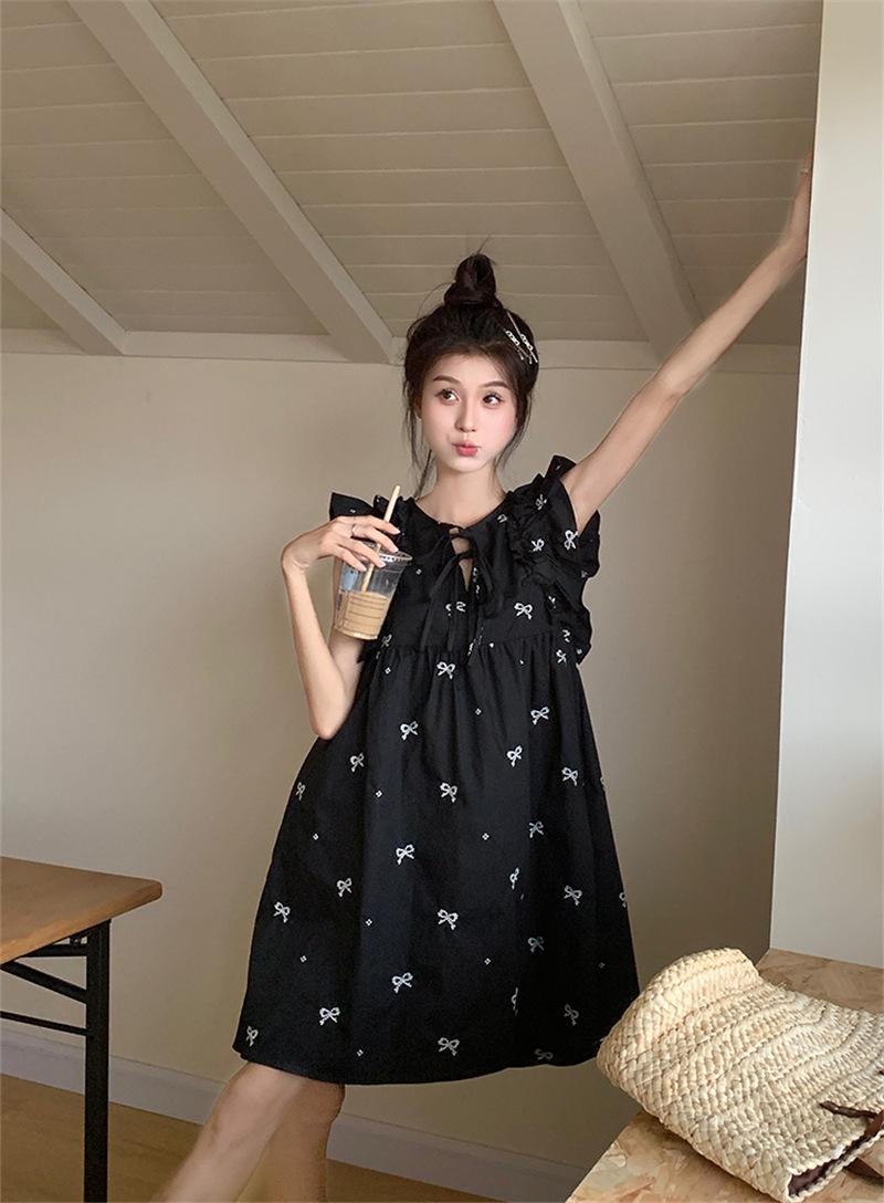 Product Introduction of JLYDQ*Sweet doll skirt with small flying sleeves, black dress for women in summer, loose ruffled hem, belly covering, short skirt, cute jumpsuit, short skirt 8