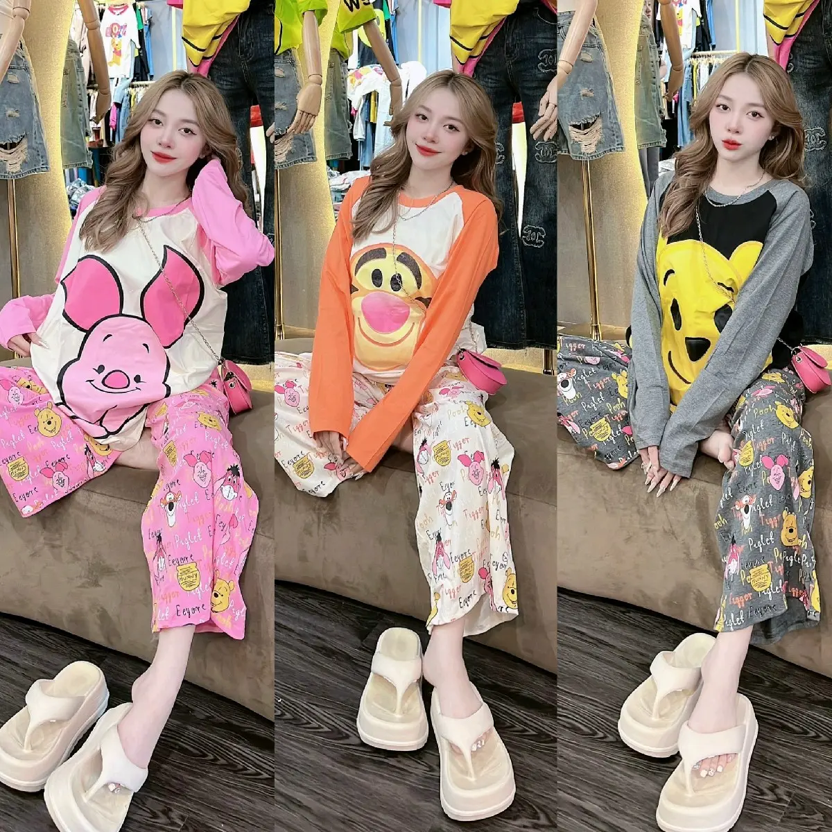 Sét bộ mặc nhà xinh xắn áo thun tăm lạnh dài tay in hình nhiệt 3D kết hợp quần dài ống suông rộng in full dễ thương Women Quần Ngủ Thun Nữ