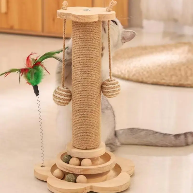 Interactive Cat Scratching Tower with Jute, Ball Track and Feather Toys, Durable and Multifunctional Self-entertaining Cat Scratcher, Cat Toy, Pet Supplies