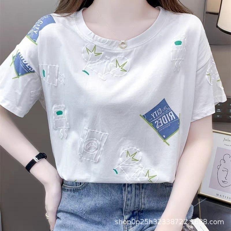 Áo Thun Nữ Mùa Hè, Chất Lượng Cao, Vai Thông Thường, ngắn Tay Áo, Ins Xu Hướng, Dáng Rộng Vừa Vặn, Bó Sát, Ngoại Cỡ, Màu Trắng, Áo Tay Lửng Xu Hướng 2025 Mới 0