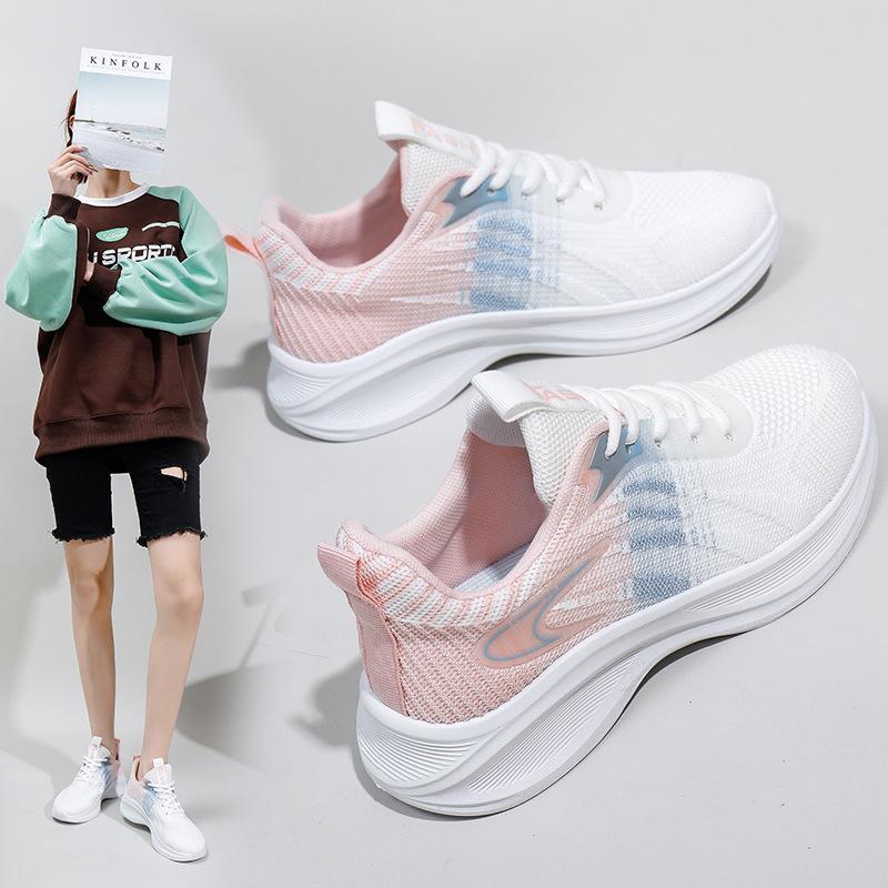 Product Introduction of Women's White Shoes Thick Sole Light Running Shoes Fashionable Stylish Outfit Autumn Breathable Sneaker Flying Woven Korean Style Women's Shoes 1
