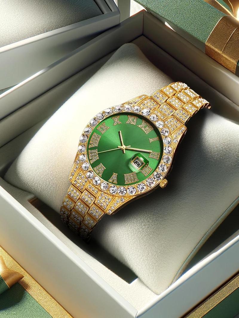 Product Introduction of Men's Business Rhinestone Decorated Analog Quartz Watch with Date Display AS Gifts, Fashion Watch for Party, Trendy All-match & Exquisite Watch for Birthday Gift with Box 6
