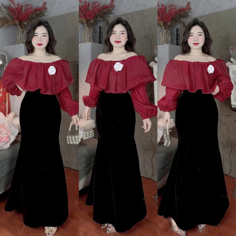  Sét Áo Tơ Đính Bông Ngực Tay Dài Phồng Trễ Vai Kèm Váy Body Dài Nhung Sang Chảnh Quyến Rũ Nữ Tính Sang Trọng Dễ Thương. Top Women Màu Đen 
