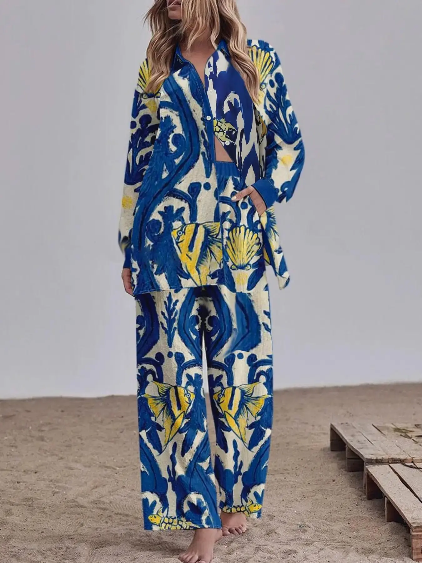Women's All Over Print Button Front Shirt & Wide Leg Pants Two-piece Set, Long Sleeve Collared Top & Pocket Trousers, Casual Spring & Fall Outfits Clothes for Ladies