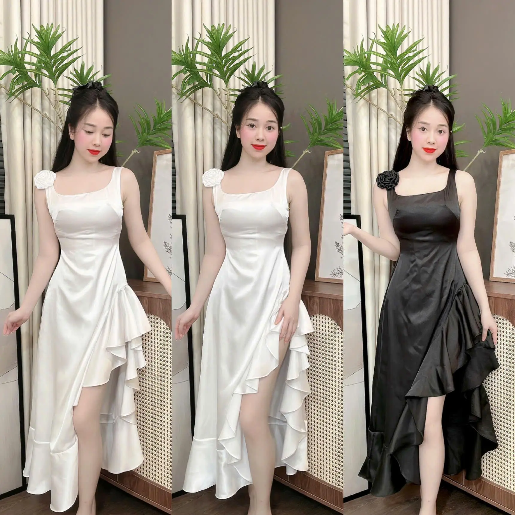 (Y60) Đầm lụa thiết kế form xoè cách điệu vai đính bông cuộn tà bèo che khuyết điểm vải mềm mát đi tiệc đi chơi đều đẹp váy hela by Thương Lê Y60