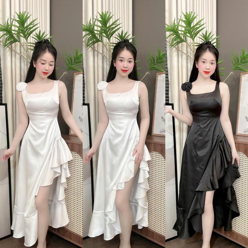 (Y60) Đầm lụa thiết kế form xoè cách điệu vai đính bông cuộn tà bèo che khuyết điểm vải mềm mát đi tiệc đi chơi đều đẹp váy hela by Thương Lê Y60