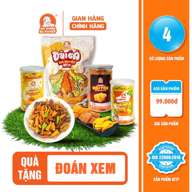COMBO NGHỊCH SAO: gồm 1 hũ bimbim mái tôn + 1 hũ bimbim mái ngói + 1 hũ bimbim mái bờ lô + 1 gói snack mix 7 vị đùi gà - ĂN CÙNG BÀ TUYẾT